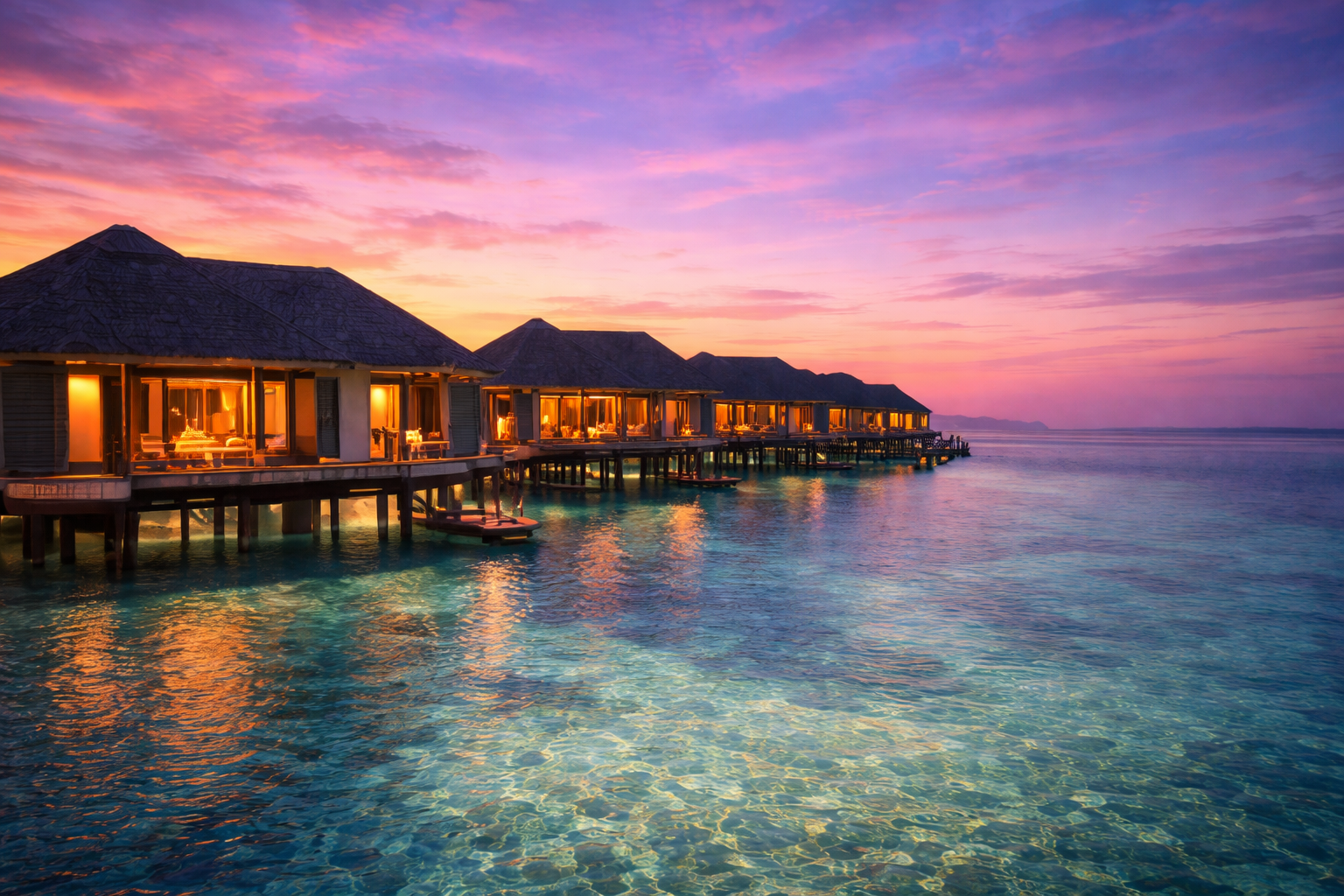 Resort 5 étoiles aux Maldives avec villas sur pilotis et lagon turquoise