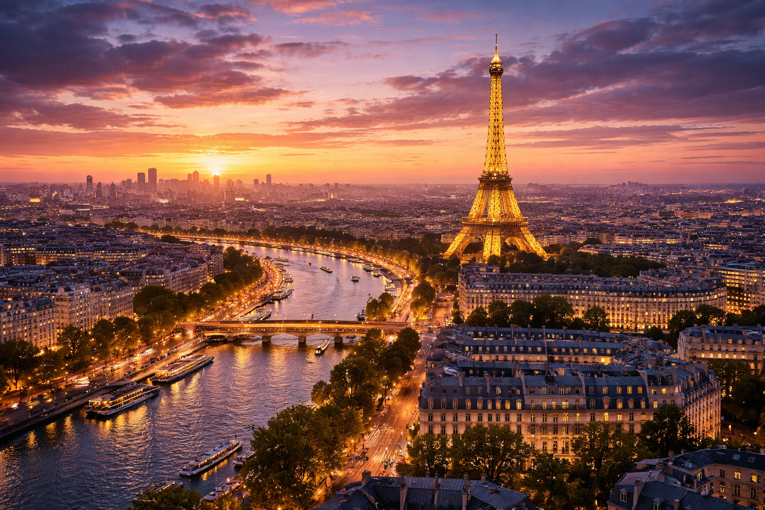 Skyline de Paris au coucher du soleil avec la Tour Eiffel et les lumières de la ville