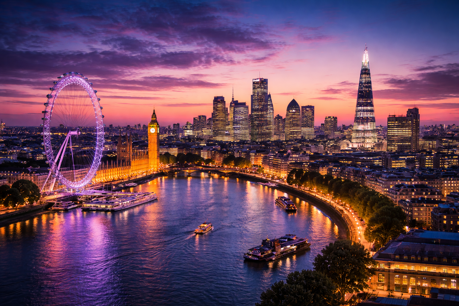 Skyline de Londres de nuit avec la Tamise, le London Eye et les gratte-ciel illuminés