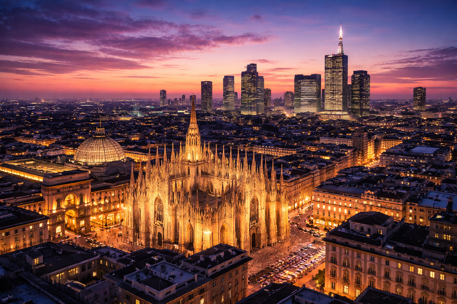 Skyline de Milan au crépuscule avec le Duomo et les lumières de la ville