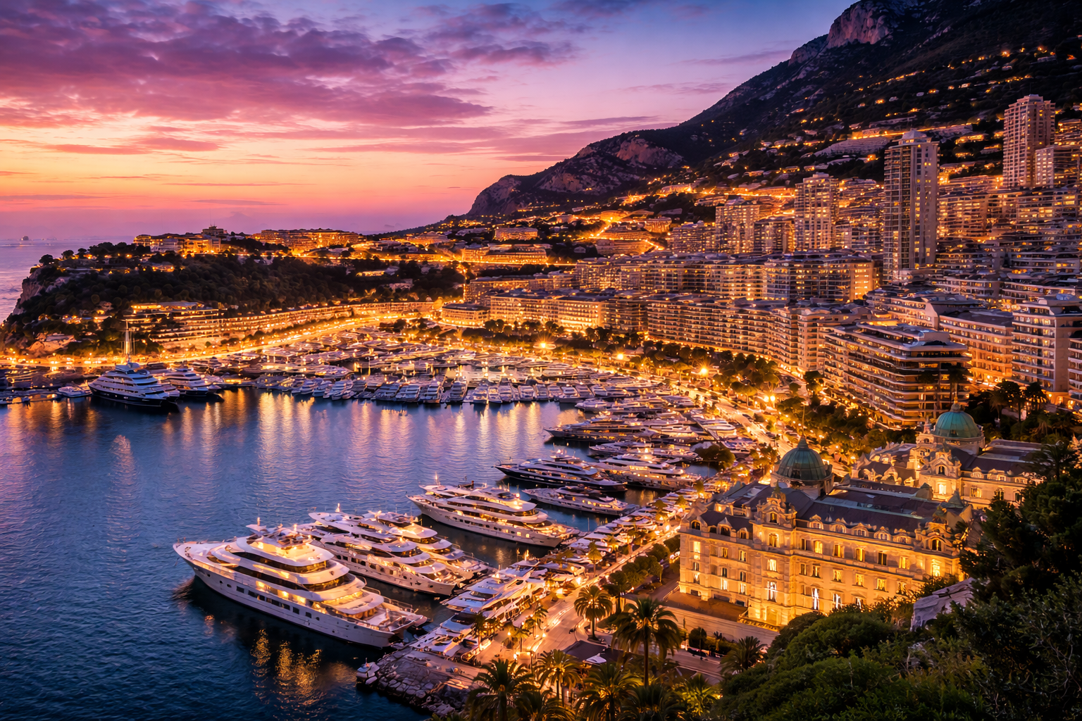 Skyline de Monaco au crépuscule avec le port de Monte-Carlo et les yachts de luxe