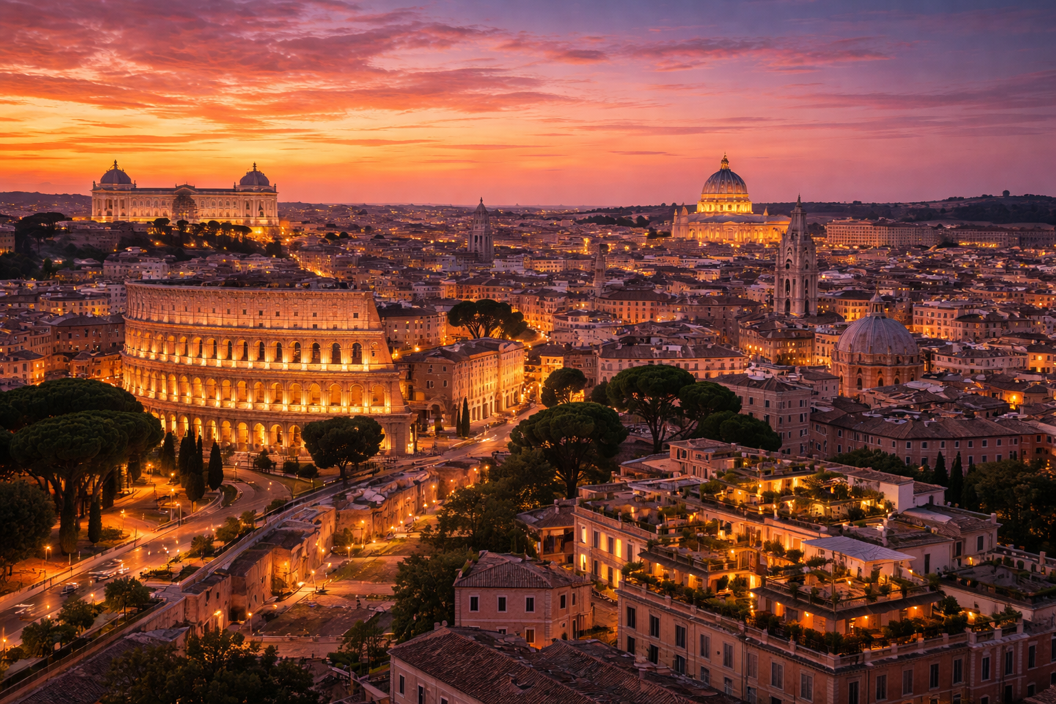 Skyline de Rome au crépuscule avec le Colisée, les toits historiques et les lumières de la ville