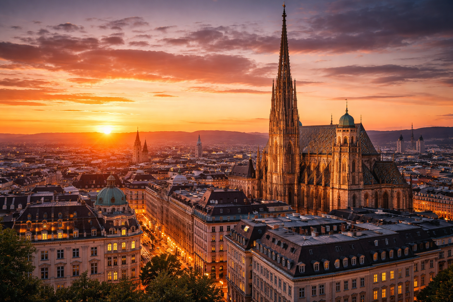 Skyline de Vienne au crépuscule avec le centre historique, les palais impériaux et les lumières de la ville