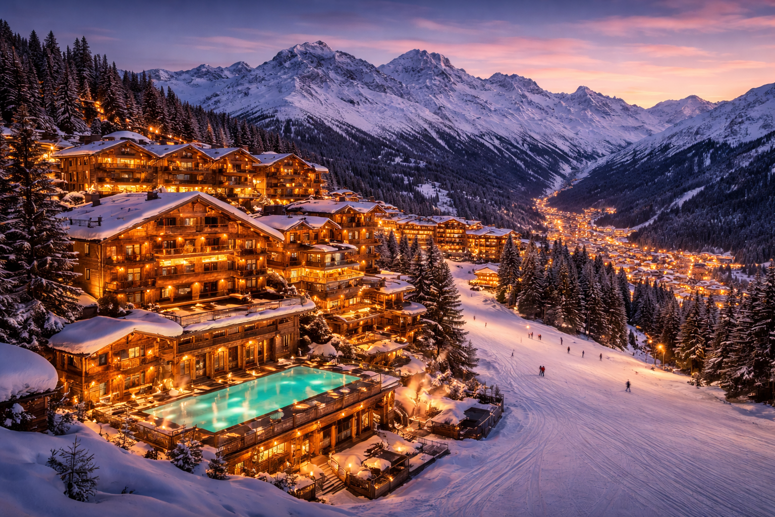 Station de Courchevel en hiver avec hôtels 5 étoiles, chalets de luxe et pistes enneigées