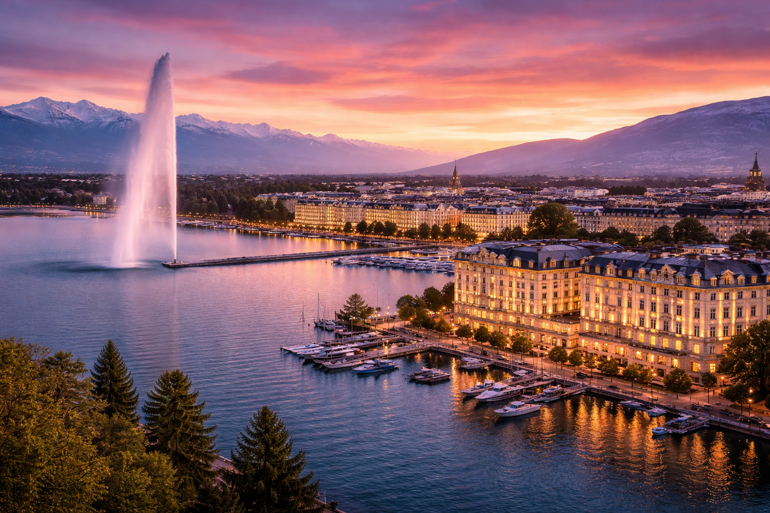 Genève au coucher du soleil avec le lac Léman, le Jet d’Eau et des hôtels 5 étoiles en bord de lac