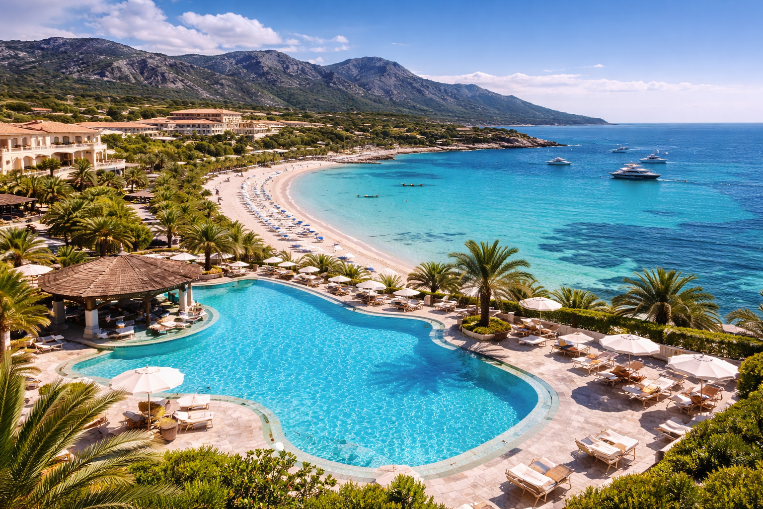 Resort 5 étoiles all inclusive en Sardaigne avec plage privée, mer turquoise et piscine à débordement