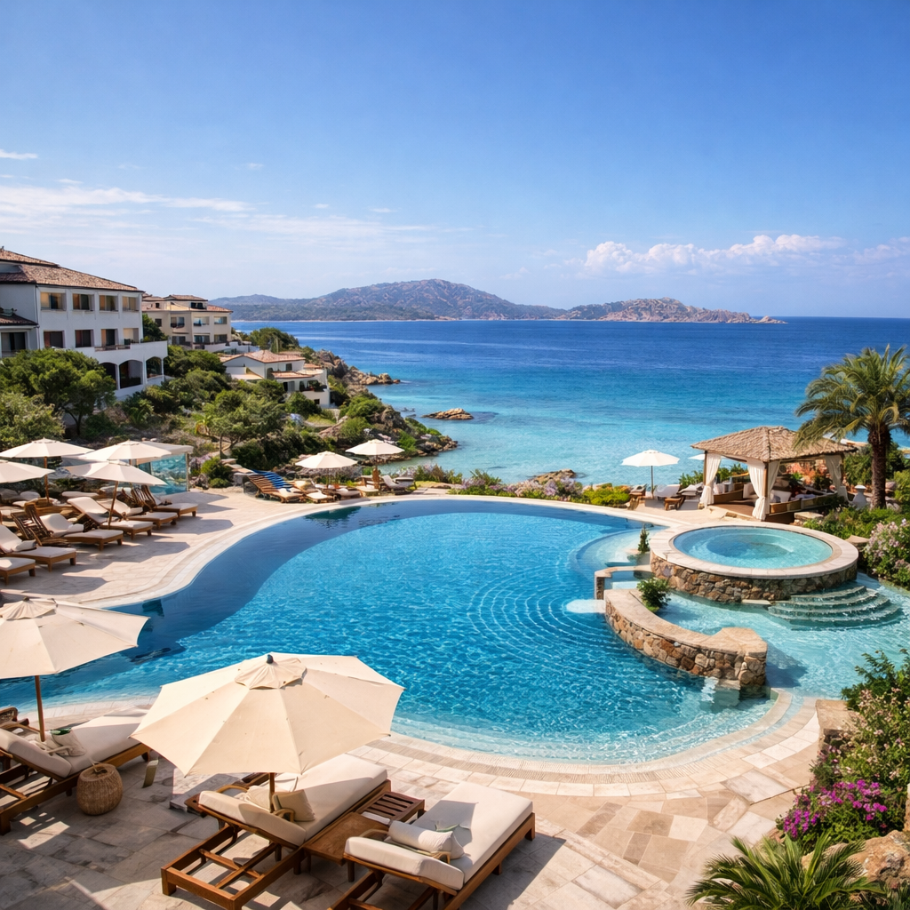 Resort 5 étoiles all inclusive en Sardaigne avec villas de luxe et piscine à débordement