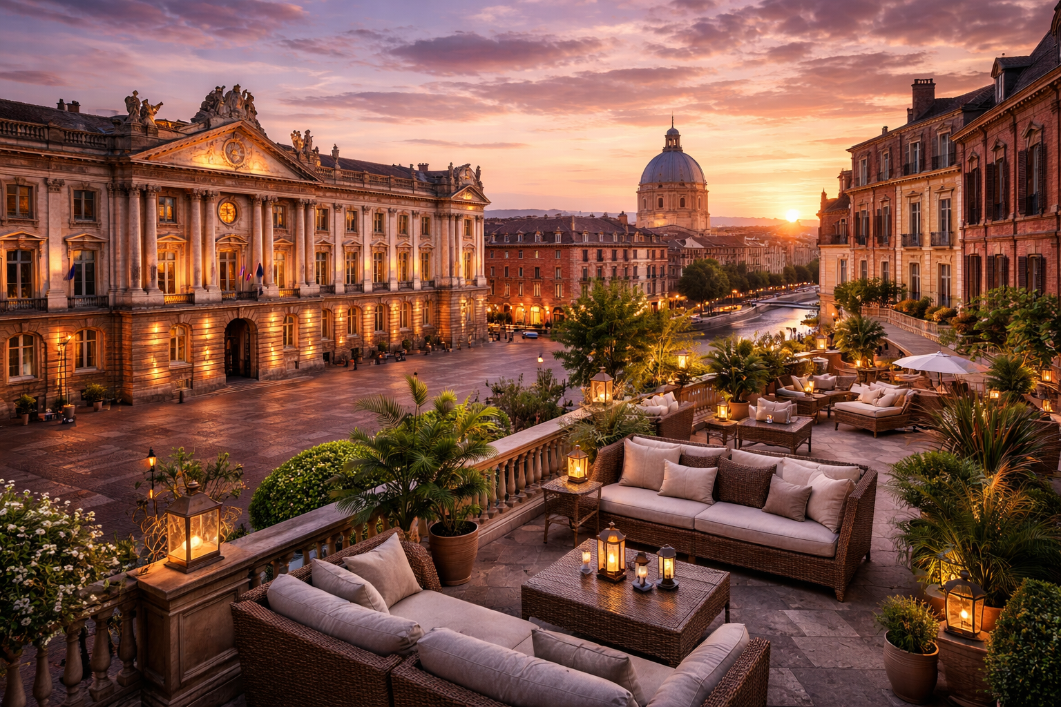 Toulouse centre historique avec hôtels 5 étoiles et architecture en briques roses