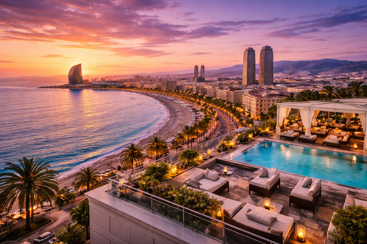 Barcelone avec hôtels 5 étoiles, mer Méditerranée et skyline au coucher du soleil