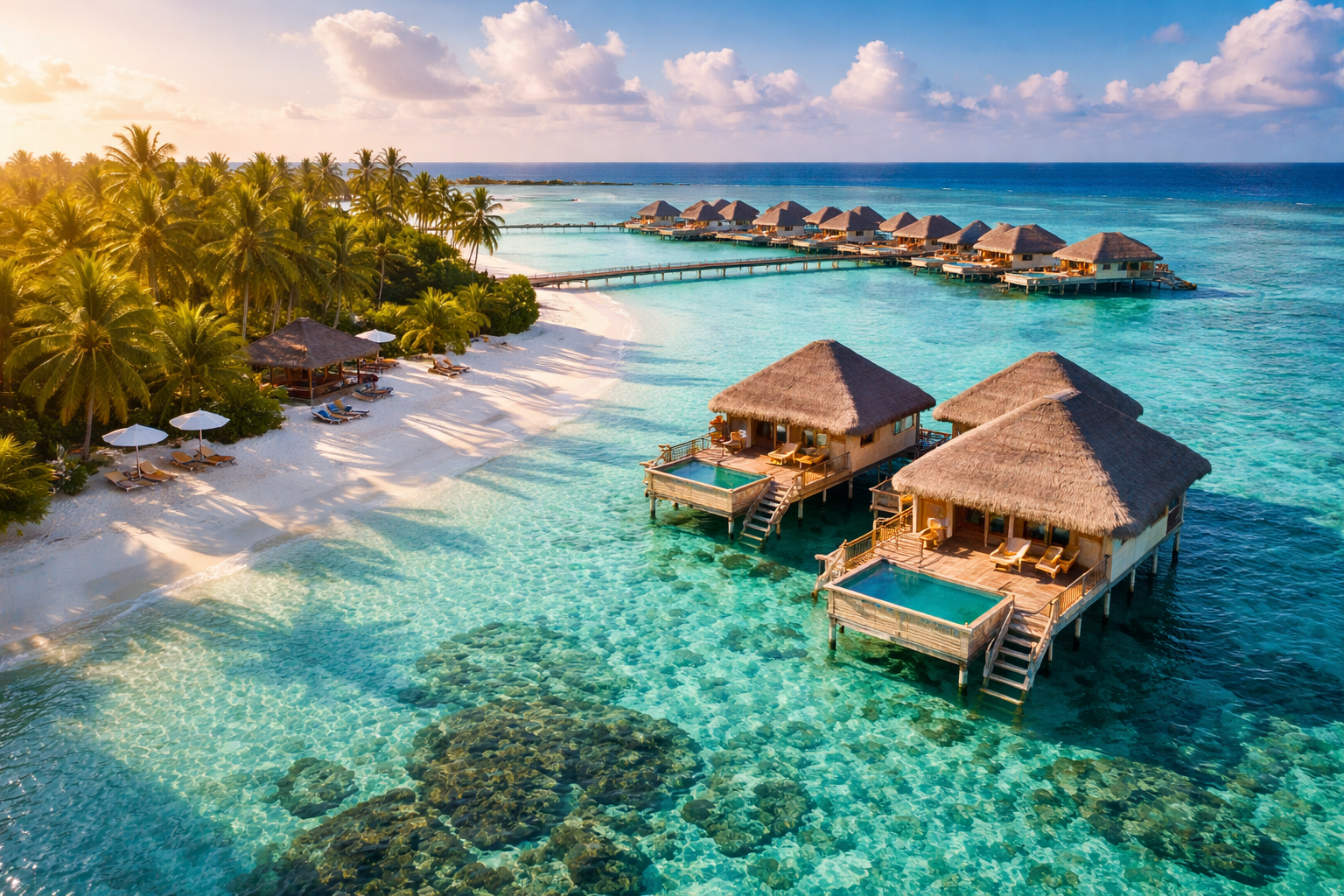 Hôtels 5 étoiles aux Maldives avec villas sur pilotis et lagon turquoise
