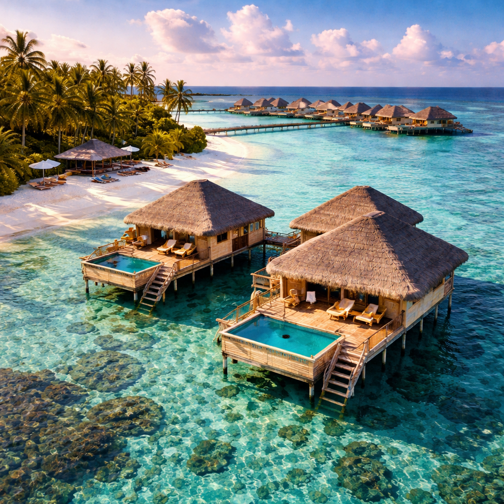 Resort 5 étoiles aux Maldives avec villas sur pilotis et lagon turquoise