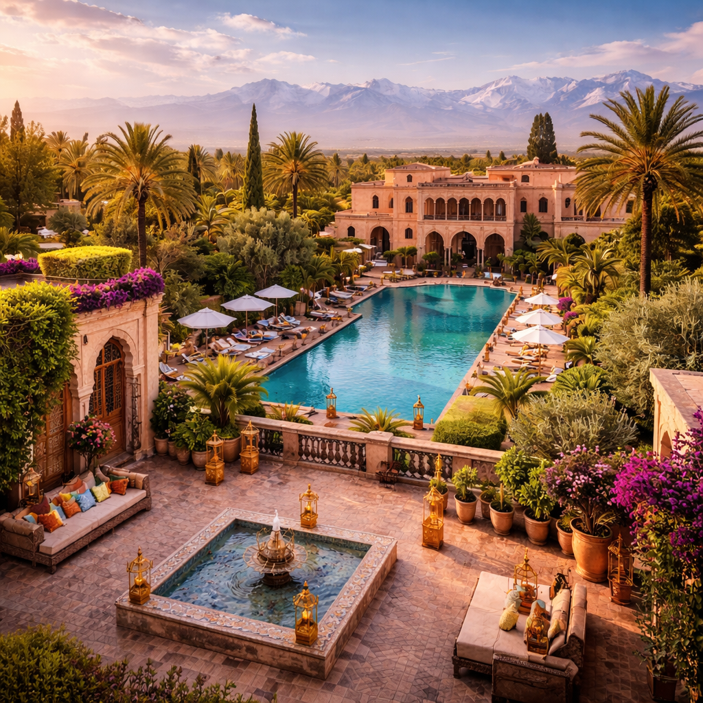 Palace 5 étoiles à Marrakech avec jardins luxuriants et architecture marocaine