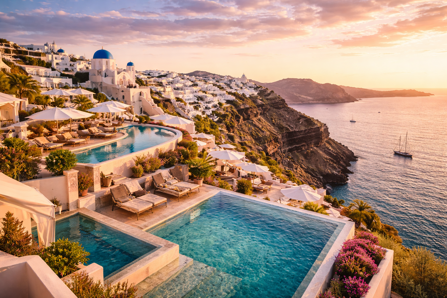 Hôtels 5 étoiles à Santorin avec maisons blanches, piscines à débordement et vue sur la caldeira