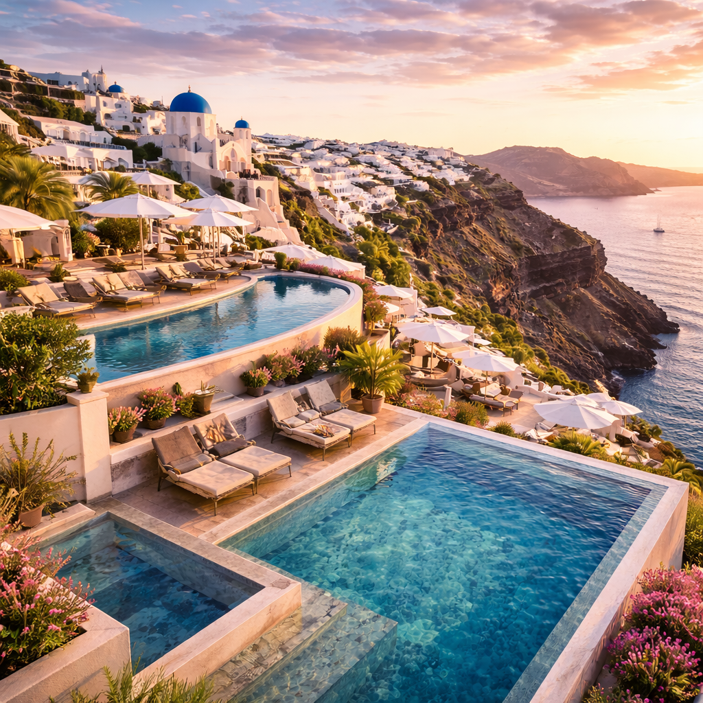 Hôtel 5 étoiles à Santorin avec piscine à débordement et vue sur la caldeira