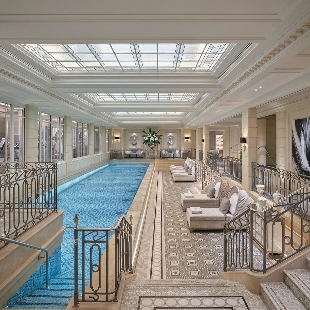 Piscine et espace spa de luxe illustrant le George V Paris