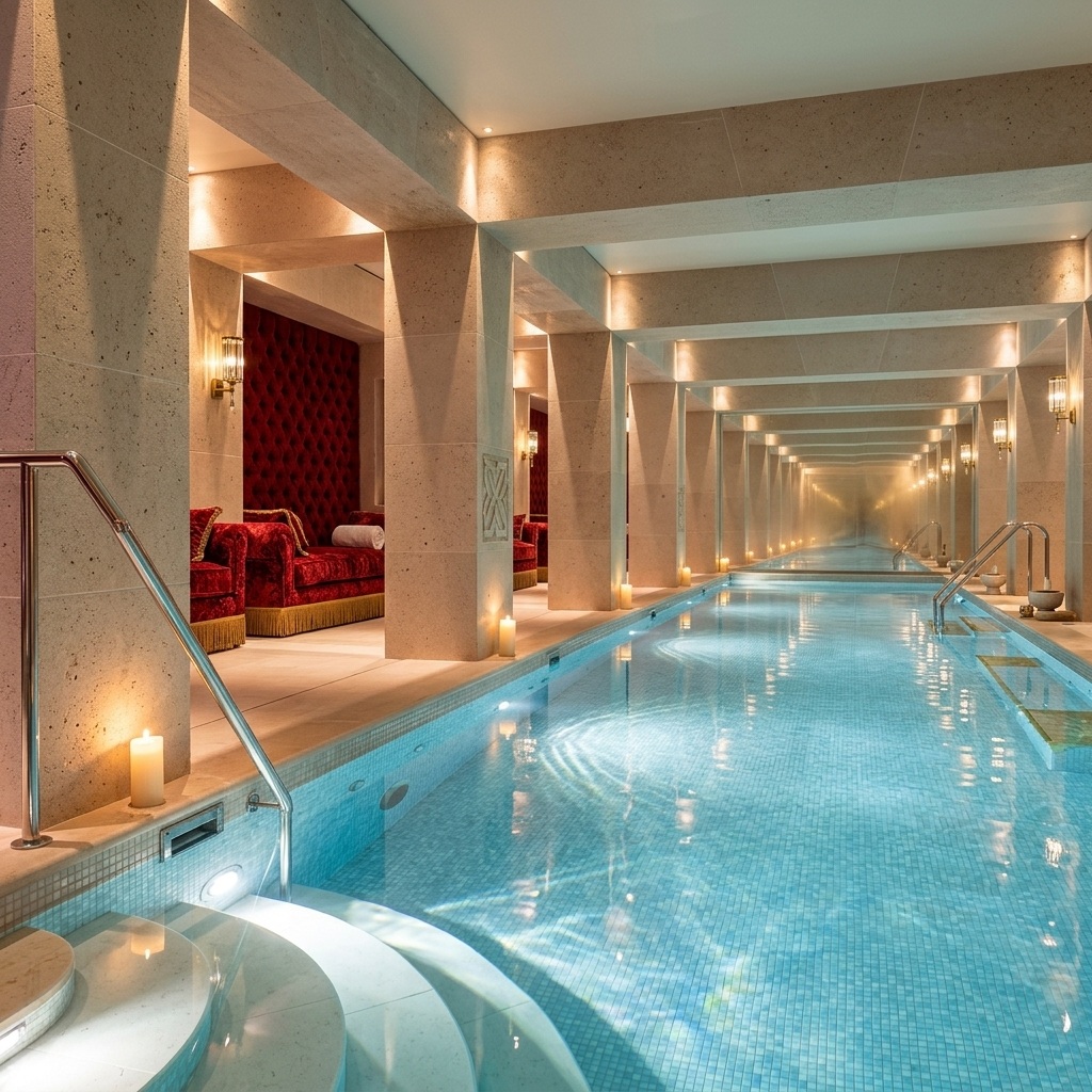 Piscine intérieure et espace spa de luxe illustrant La Réserve Paris