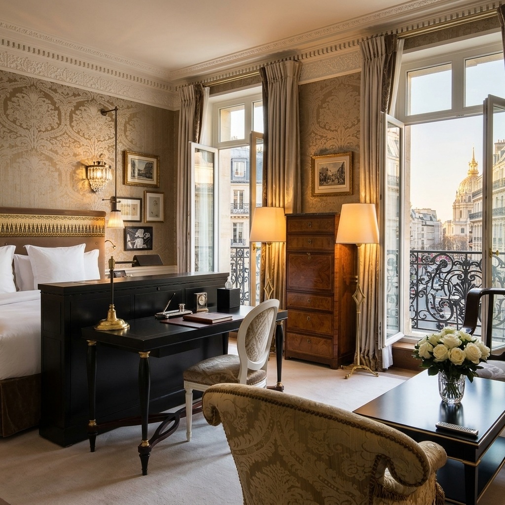 Suite de luxe illustrant l'atmosphère raffinée de La Réserve Paris