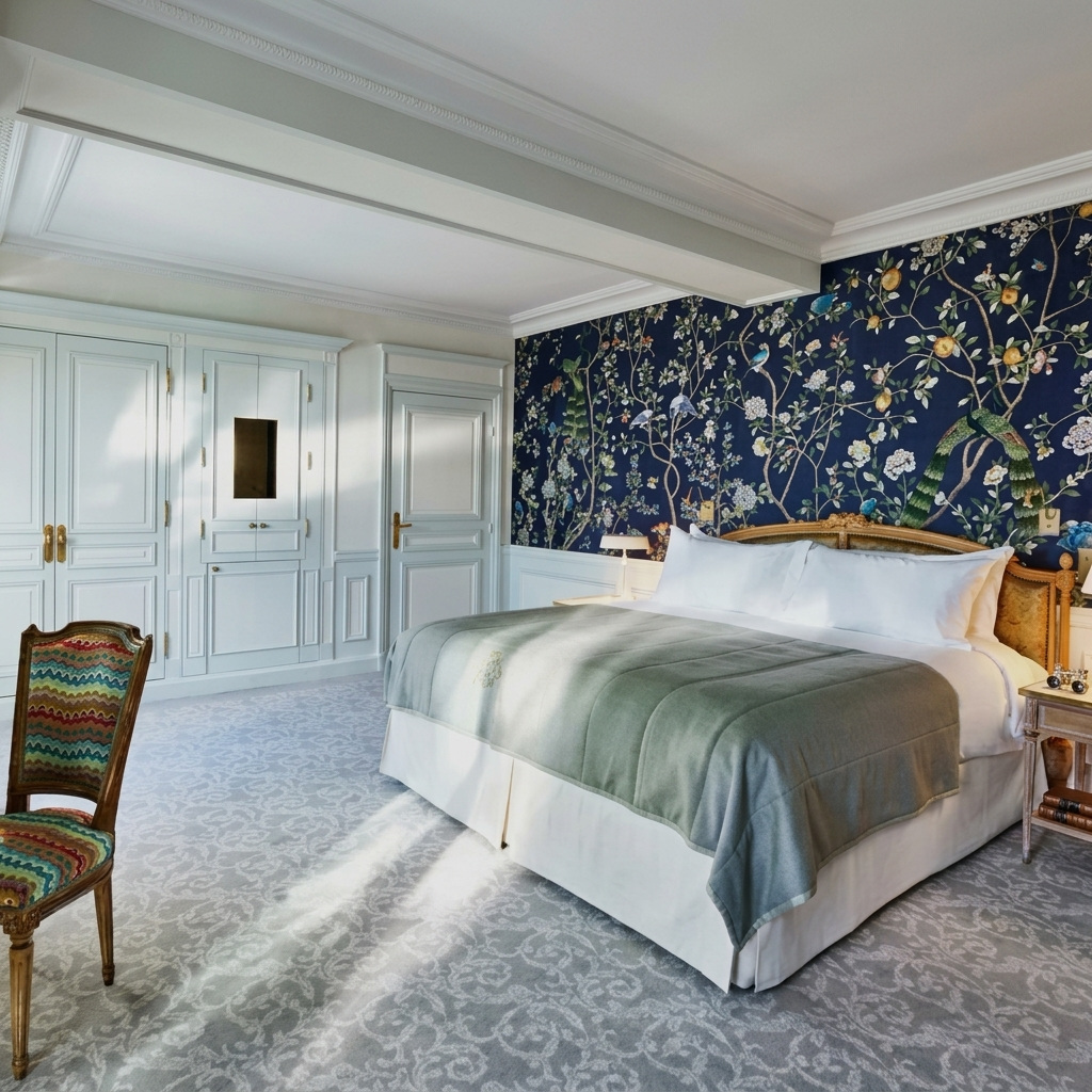 Chambre de luxe avec décoration florale illustrant Le Meurice Paris