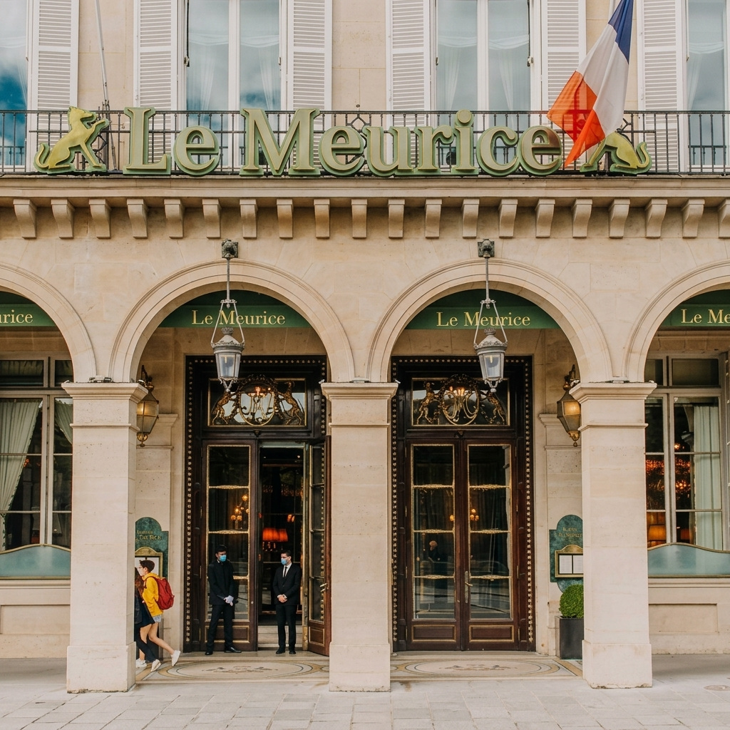 Façade et entrée de l'hôtel Le Meurice Paris rue de Rivoli