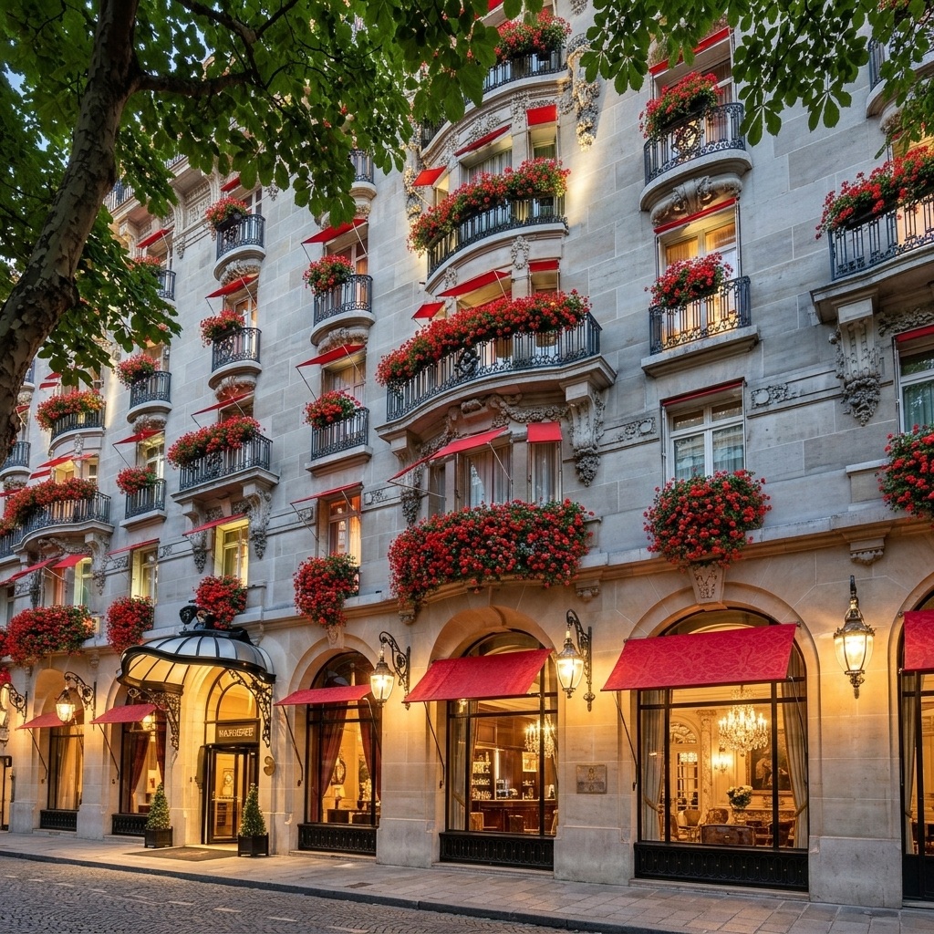 Façade du Plaza Athénée Paris avec ses auvents rouges emblématiques