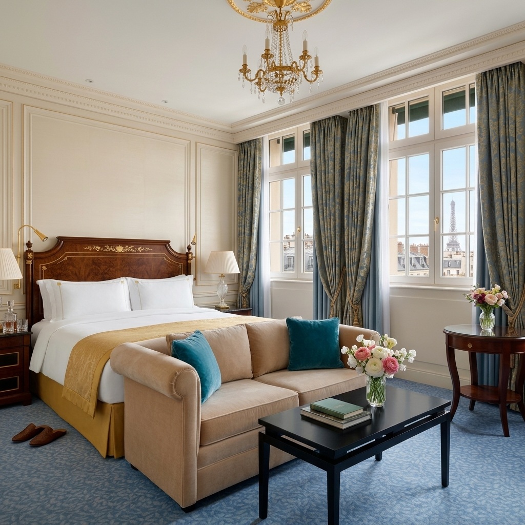 Chambre de luxe illustrant une vue sur la tour Eiffel au Shangri-La Paris